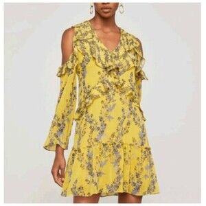BCBGMaxazria Cold Shoulder Yellow Floral Ruffle Dress with Slip Sz XXS